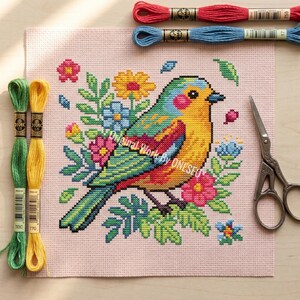 Summer Songbird Bright Floral Cross Stitch Pattern - Colorful Yellow Bird Blooming Branch Home Decor - Cute Nature Botanical Chart PDF image 9