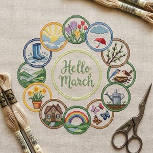 Patrón de punto de cruz "Hola marzo" - Muestrario de corona de primavera - Gráfico de calendario mensual - Botas de lluvia con flores arcoíris (PDF)