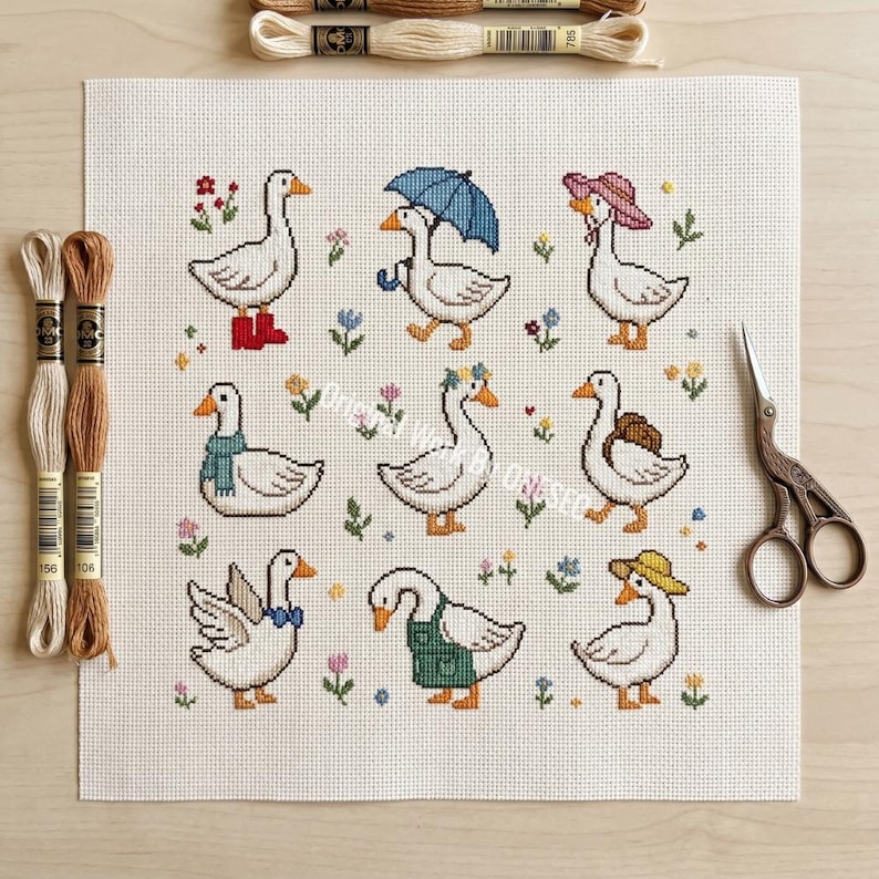 May include: A cross-stitch pattern featuring nine whimsical geese, each adorned with unique accessories like hats, scarves, and boots. The geese are surrounded by colorful flowers and greenery, creating a charming and detailed design.