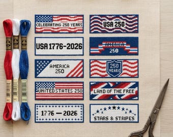 America 250 Cross Stitch Pattern | USA Semiquincentennial 1776-2026 | 10 Patriotic Bookmarks Set | Stars & Stripes Chart PDF