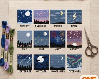 Monthly Cross Stitch Pattern - 12 Months Night Sky Calendar Sampler PDF - Celestial Moon Stars Aurora Landscape Silhouette Year Long Chart
