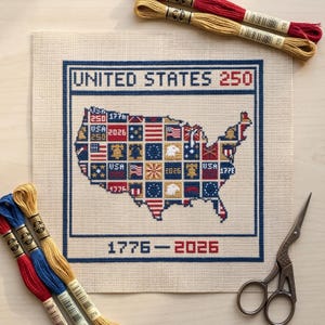Kruissteekpatroon Amerika 250 kaart | Verenigde Staten 1776-2026 | Semiquincentennial patriottische sampler-grafiek pdf | 250e verjaardag