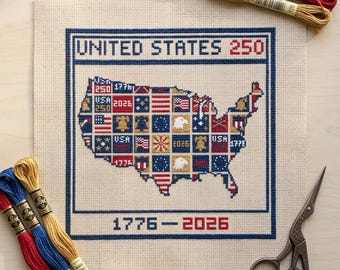 America 250 Map Cross Stitch Pattern | United States 1776-2026 | Semiquincentennial Patriotic Sampler Chart PDF | 250th anniversary