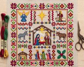 Folk Art Nativity Cross Stitch Pattern, Christmas holy night sampler, baby Jesus Mary Joseph angel star shepherd wise men cow, Counted PDF