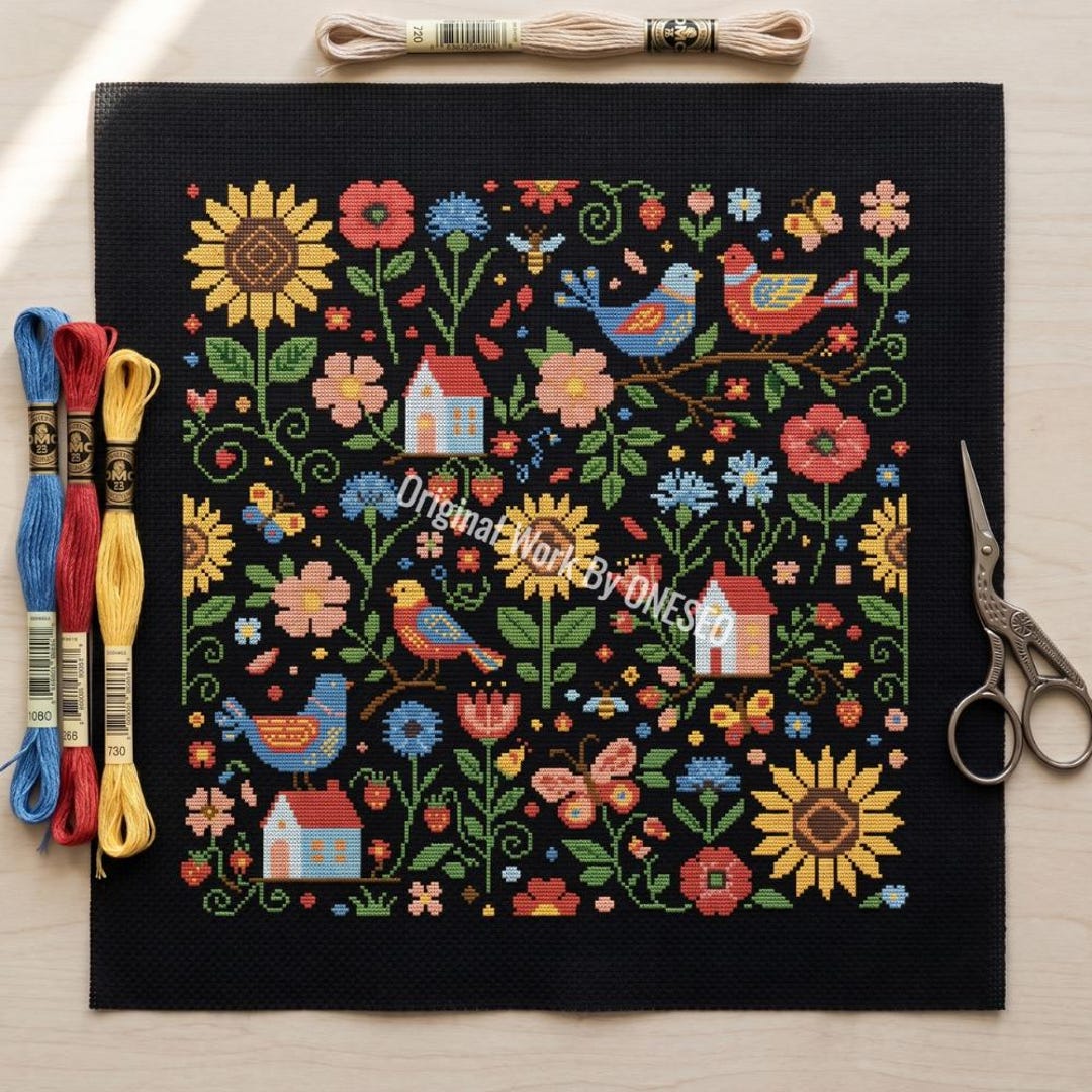 Summer Primitives Primitive Summer Sampler Cross Stitch Pattern - Dark Garden Sunflower ...