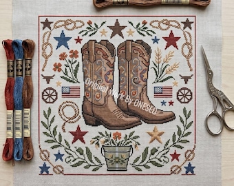 Vintage boerderij volkskunst cowboy cowgirl laarzen kruissteekpatroon, patriottische western sampler, getelde steekkaart ambachtelijk ontwerp pdf