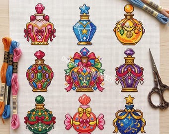 Bunte Zaubertrankfläschchen als Kreuzstichmuster, 9 Mini-Fläschchen, magisches Fantasy-Muster, verziertes Juwelenglas, Sternenschleifen, Zählmuster-PDF