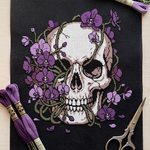 Skull & Purple Orchid Cross Stitch Pattern, Gothic Anatomy (PDF)