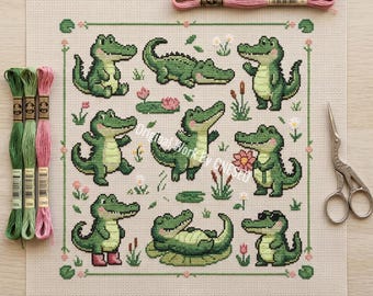 kawaii krokodil alligator sampler kruissteekpatroon, 9 mini grappige reptielenmotieven lelieblad sampler, schattige kinderkamer getelde steekkaart pdf