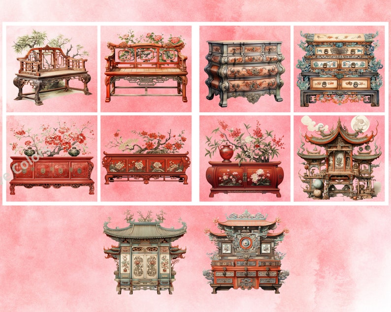 30 Watercolor Antique Japanese Furniture Clipart High Quality Pngs