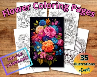 35 Flower Coloring Book Pages, Floral Coloring Page, Printable PDF, Adult and Kids, Grayscale Sheets, Instant Download, Digital Download