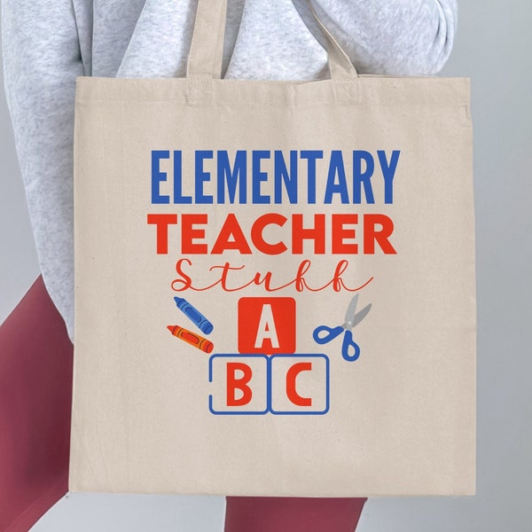 Elementary Teacher Stuff Tote Bag, ABC Blocks, Crayons, Scissors Design, Casual Carryall, Classroom Essentials, Gift for Teacher