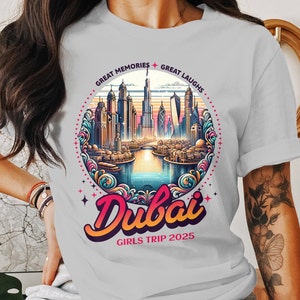 Colorful Dubai Skyline 2025 T-Shirt, Urban Travel Souvenir, Girls Trip Tees