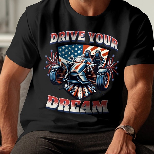 Polaris Slingshot® T-Shirt, Drive Your Dream American Flag Tee, Patriotic Vehicle Graphic Shirt, Men's Casual Motorsport Apparel