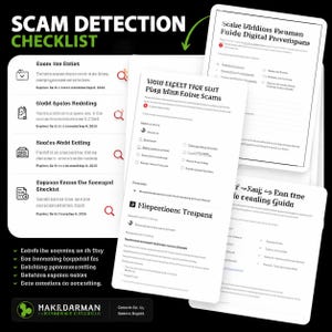 Puede incluir: Una lista de verificación digital de detección de estafas con el título "SCAM DETECTION CHECKLIST" en texto blanco sobre un fondo negro. La lista de verificación incluye varios temas relacionados con estafas y una lista de acciones.