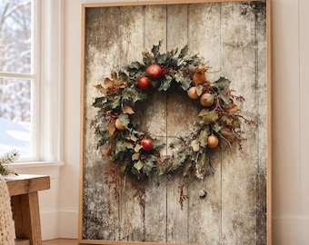 Christmas Wreath Wall Art, Rustic Holiday Farmhouse Decor, Vintage Evergreen Wreath Print, Cozy Winter Artwork, Christmas Canvas Gift