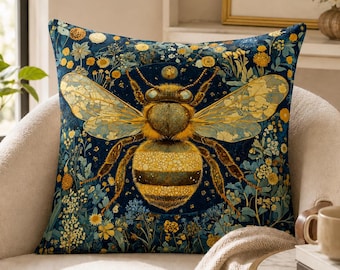 Bee Floral Throw Pillow, Botanical Patio Cushion, Cottagecore Bee Pillowcase, Wildflower Couch Decor, Nature Lover Gift, Garden Home Accent