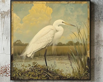 Single Egret William Morris Style Art Canvas, Vintage Framed Bird