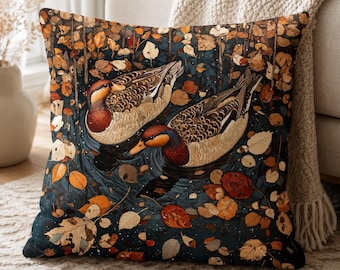 Autumn Duck Throw Pillow, Woodland Waterfowl Patio Cushion, Moody Pond Pillowcase, Rustic Bird Couch Decor, Nature Lover Gift