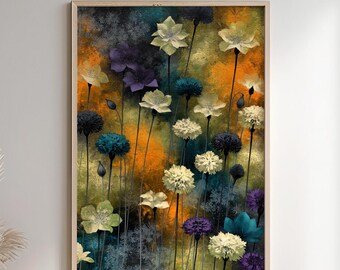 Floral Wall Art Canvas, Large Wildflower Print, Dark Botanical Decor, Vintage Style Flower Artwork, Dramatic Nature Wall Decor