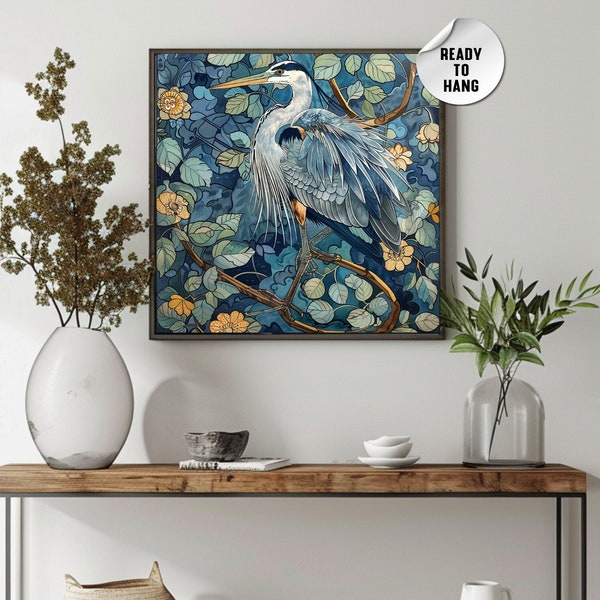 Coastal Home Decor Vintage Blue Heron Art, Nature Canvas Art, Vintage Illustration William Morris Style Art, Ready to Hang Decor