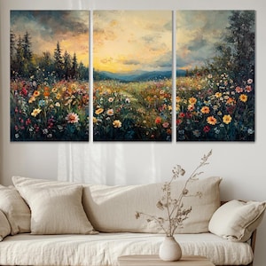 Wildflower Field Canvas, Oversized Wall Art, Floral Home Decor, Nature-Inspired Decor, Large Multipanel Wall Canvas, Rustic Home Decor