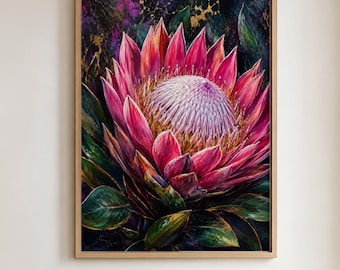 Pink Protea Canvas Wall Art, Tropical Botanical Flower Print, Moody Floral Canvas Decor, Dark Jungle Wall Art