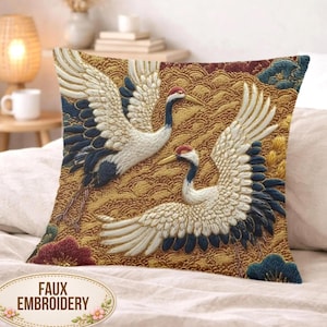 Kranich Faux Stickerei Kissen, Vintage asiatisches Vogel Kissen, reich verziertes Blumenwerfen Kissen, wunderlicher Textil Kissenbezug, elegantes Naturdekor