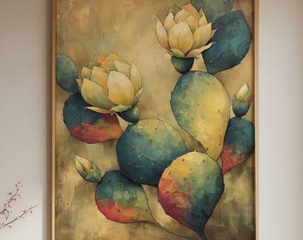 Desert Botanical Wall Art Canvas, Cactus Flower Print, Southwest Cactus Decor, Rustic Modern Farmhouse Wall Art, Neutral Earth Tone Art