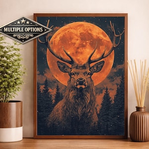 May include: A framed art print featuring a majestic stag with large antlers, set against a backdrop of a vibrant orange moon and a dark forest. The artwork has a vintage, rustic aesthetic, with a warm color palette.