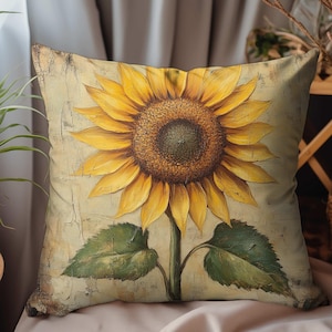 Sunflower Throw Pillow, Vintage Floral Cushion, Rustic Yellow Flower Accent Decor, Double Sided Print Polyester Pillowcase