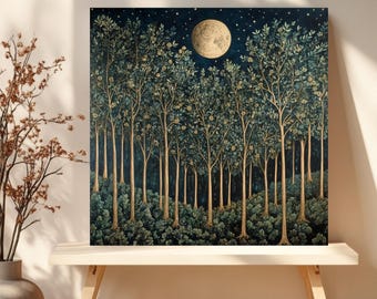 Moonlit Forest Canvas Wall Art | Dark Botanical Night Sky Painting Print | Navy Blue Gold Moon Tree Decor | Mystical Nature Art |