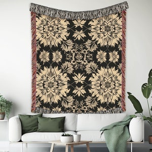 William Morris Inspired Style, Black and Beige Woven Throw Blanket for Living Room or Bedroom, New Home Decor