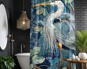 Blue Heron Printed Coastal William Morris Shower Curtain, Bathroom Decor, Bathroom Accessories, Bathroom Display, Printed Shower Curtain