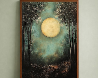 Moon Forest Wall Art Print, Night Woodland Decor, Full Moon Landscape Artwork, Dark Nature Wall Decor, Mystical Forest Home Decor