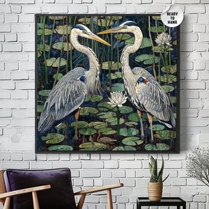 Herons Canvas Wall Art, William Morris Style Canvas Art, Vintage Home Decor, Ready to Hang Framed Artwork, Bird Animal Wall Room Decor