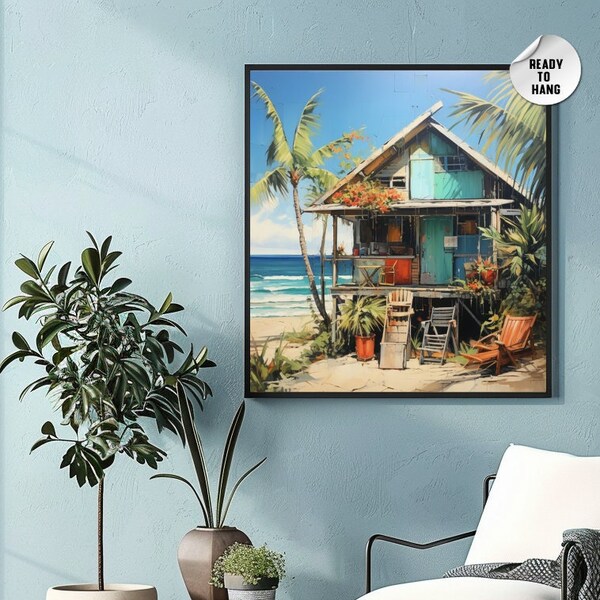 Bohemian Surf Shack Wall Decor, Ready to Hang Black Framed, Colorful Scenery Wall Art, Living Room Print, Canvas Art, Beach Painting Art