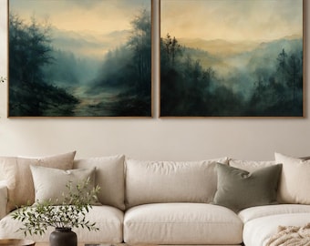 Set of 2 Mountain Landscape Wall Art, Foggy Forest Prints, Serene Wilderness Decor, Neutral Nature Artwork, Rustic Lodge Wall Decor