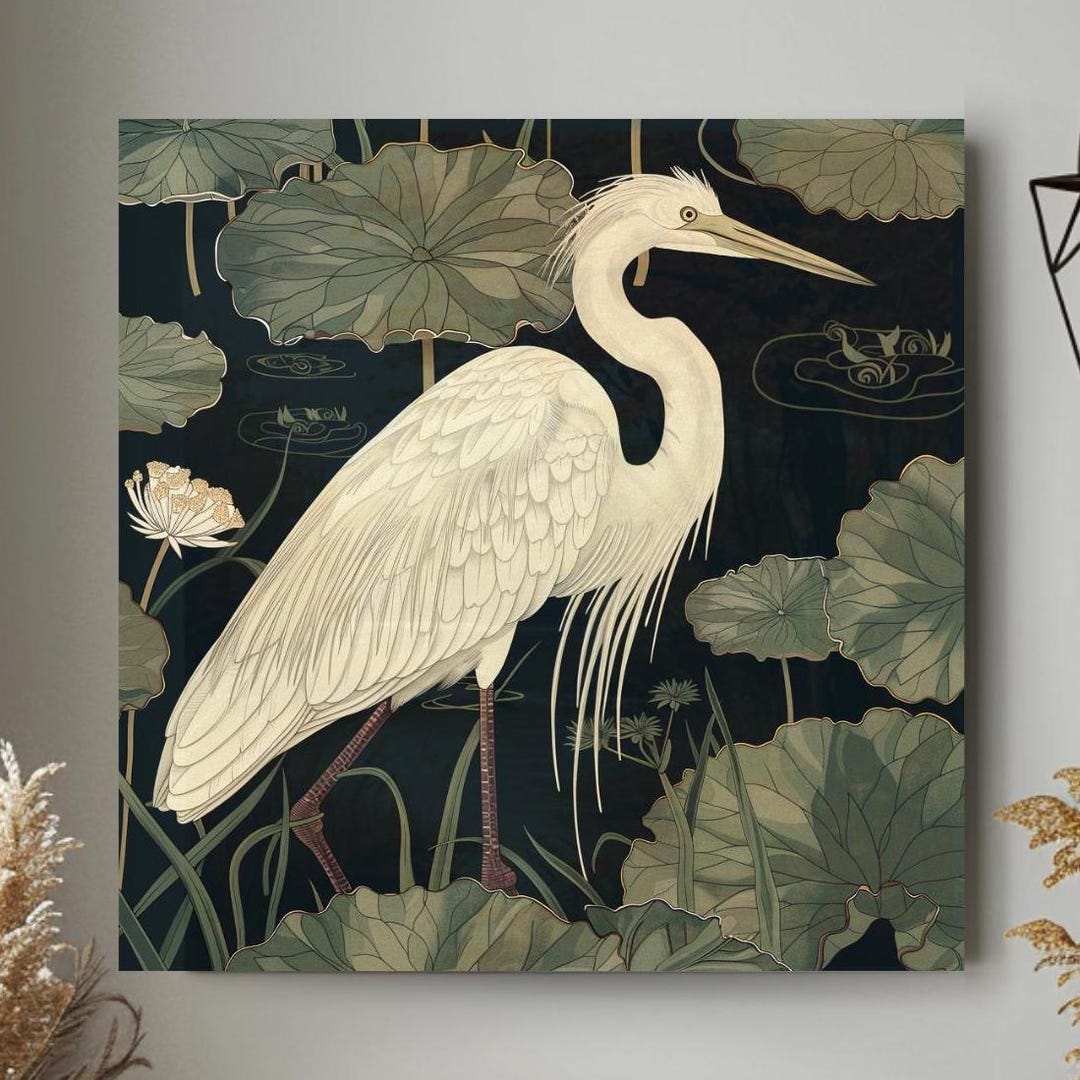 Vintage Egret Wall Art, William Morris Inspired Framed Canvas, Floral ...