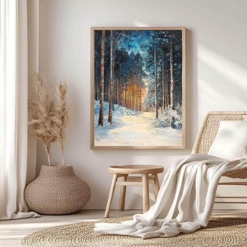 Golden Glow Winter Forest Wooden Canvas Art, Snowy Pine Tree Wall Print, Cozy Holiday Framed Decor imagen 4
