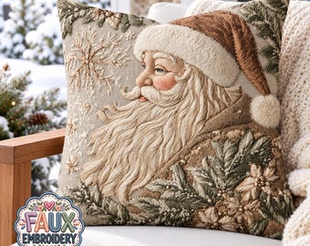 Vintage Santa Throw Pillow, Neutral Christmas Decor, Rustic Farmhouse Holiday Cushion, Faux Embroidery Print, Cozy Winter Housewarming Gift