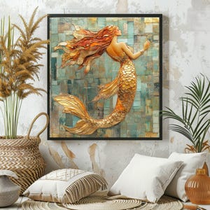 Mosaic Look Gold Mermaid Wall Art, Ocean Fantasy Decor, Elegant Mermaid Print, Coastal Beach Mermaid Wall Art Print image 5
