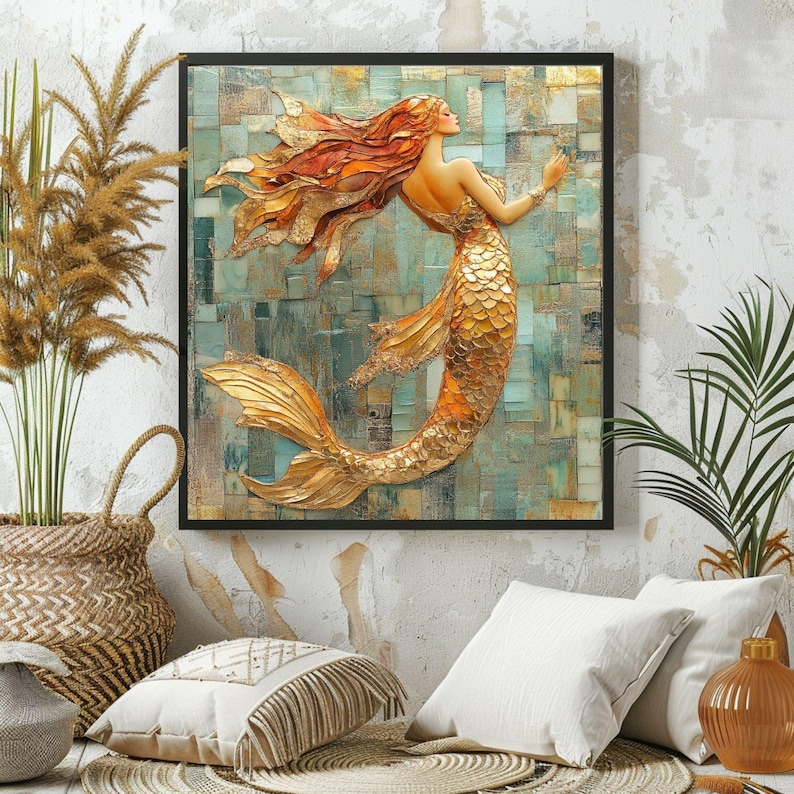 Mosaic Look Gold Mermaid Wall Art, Ocean Fantasy Decor, Elegant Mermaid Print, Coastal Beach Mermaid Wall Art Print image 5