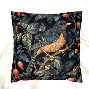 Thrush William Morris Inspired Pillow, Victorian Style Throw Pillow, Square Cushion Cover, Bird Lover Gift, Botanical Bird Pillow Cover