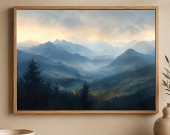 Misty Mountain Wall Art, Blue Landscape Print, Mountain Valley Wall Decor, Rustic Cabin Decor, Framed Poster Print, Nature Wall Decor