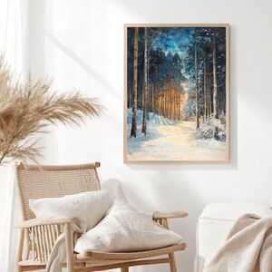 Golden Glow Winter Forest Wooden Canvas Art, Snowy Pine Tree Wall Print, Cozy Holiday Framed Decor imagen 5