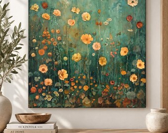 May include: A square wall art canvas featuring a dense field of orange and yellow wildflowers against a textured teal and green background. The painting displays various flower shapes and thin green stems scattered across the entire surface.