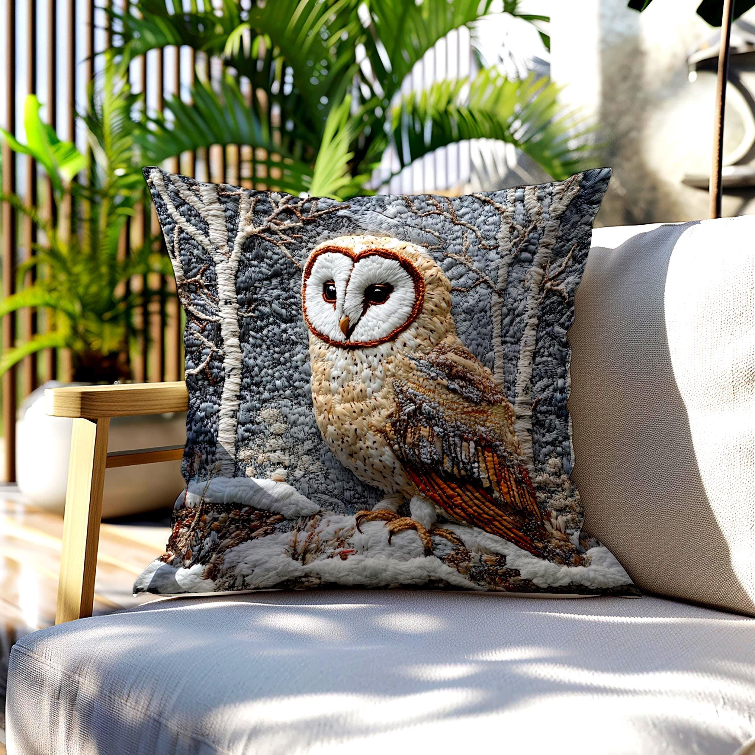 Winter Woodland Barn Owl Throw Pillow, Folk Art Cushion, Neutral Forest Wildlife Decor, Cozy Cottage