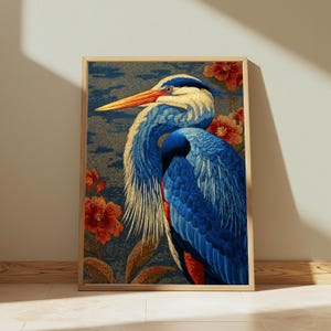 Quadro da parete raffigurante un airone azzurro, in stile William Morris, decorazione botanica con uccelli, elegante complemento d'arredo, regalo per gli amanti degli uccelli.