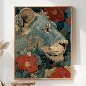 Vintage Lion Wall Art, Antique Animal Canvas, Classic Lion Poster, Framed Canvas, Botanical Illustration Print, Heritage Lion Artwork